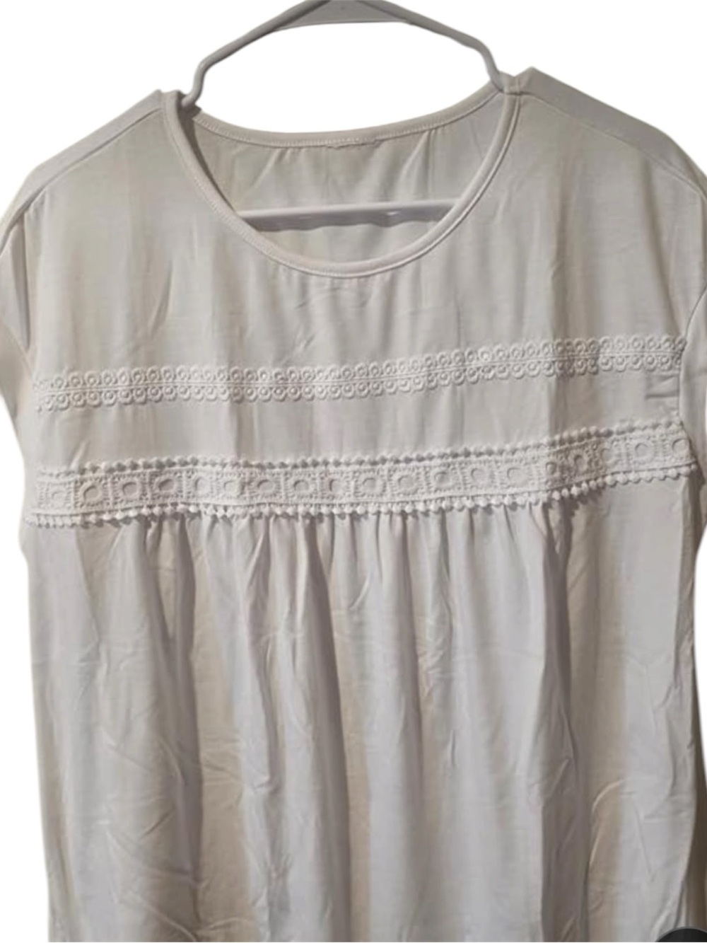 Womens White Crochet Lace Trim Babydoll Short Sleeve Top Blouse Crew Neck M - Picture 5 of 7